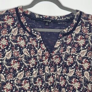 Lucky Brand Top Women's 1X Floral Print Navy Red Bohemian 3/4 Sleeve Casual Fall